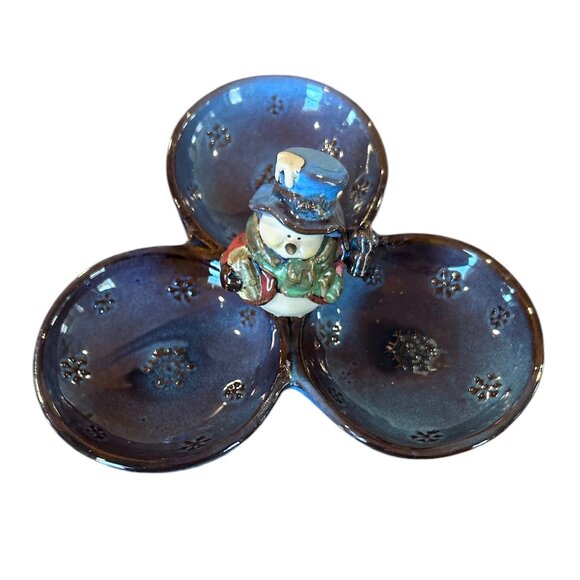 Rustic Blue Brown Ceramic Snowman Candy or Nut Holiday Dish - Picture 2 of 7